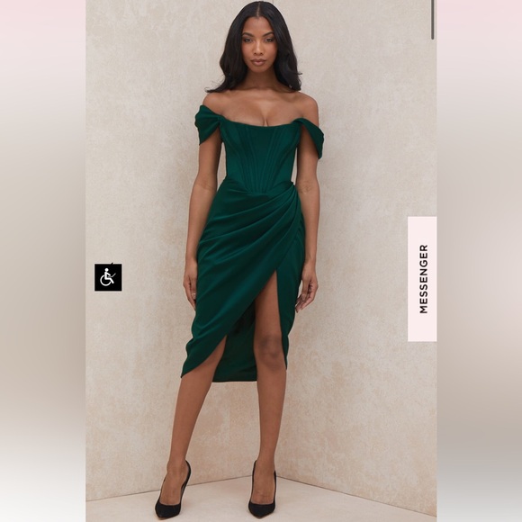 NWT House of Cb LORETTA
EMERALD GREEN SATIN OFF SHOULDER DRESS - Picture 2 of 11